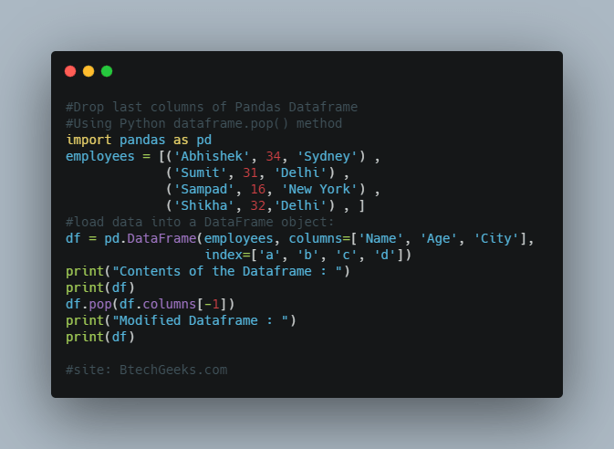 Drop last columns of Pandas Dataframe Using Python dataframe.pop() method