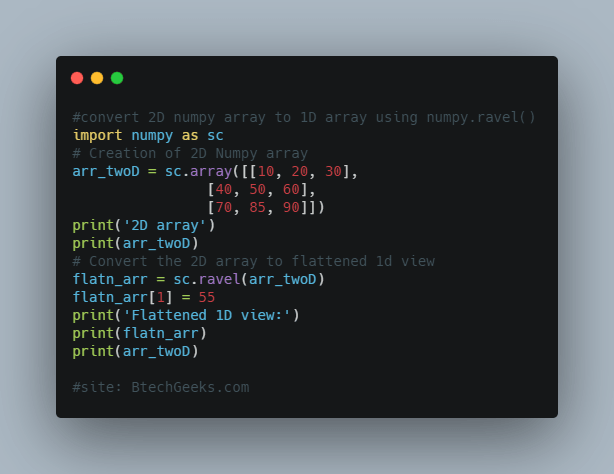 convert 2D numpy array to 1D array using numpy.ravel()