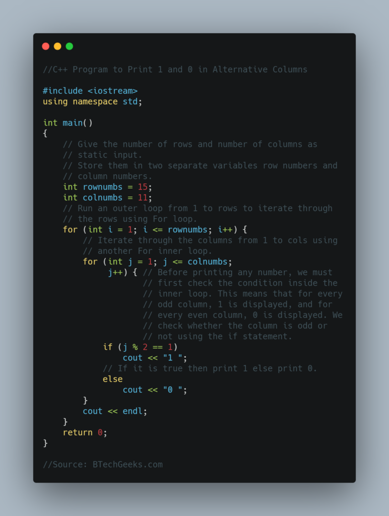 Python Program to Print 1 and 0 in Alternative Columns - Python Programs