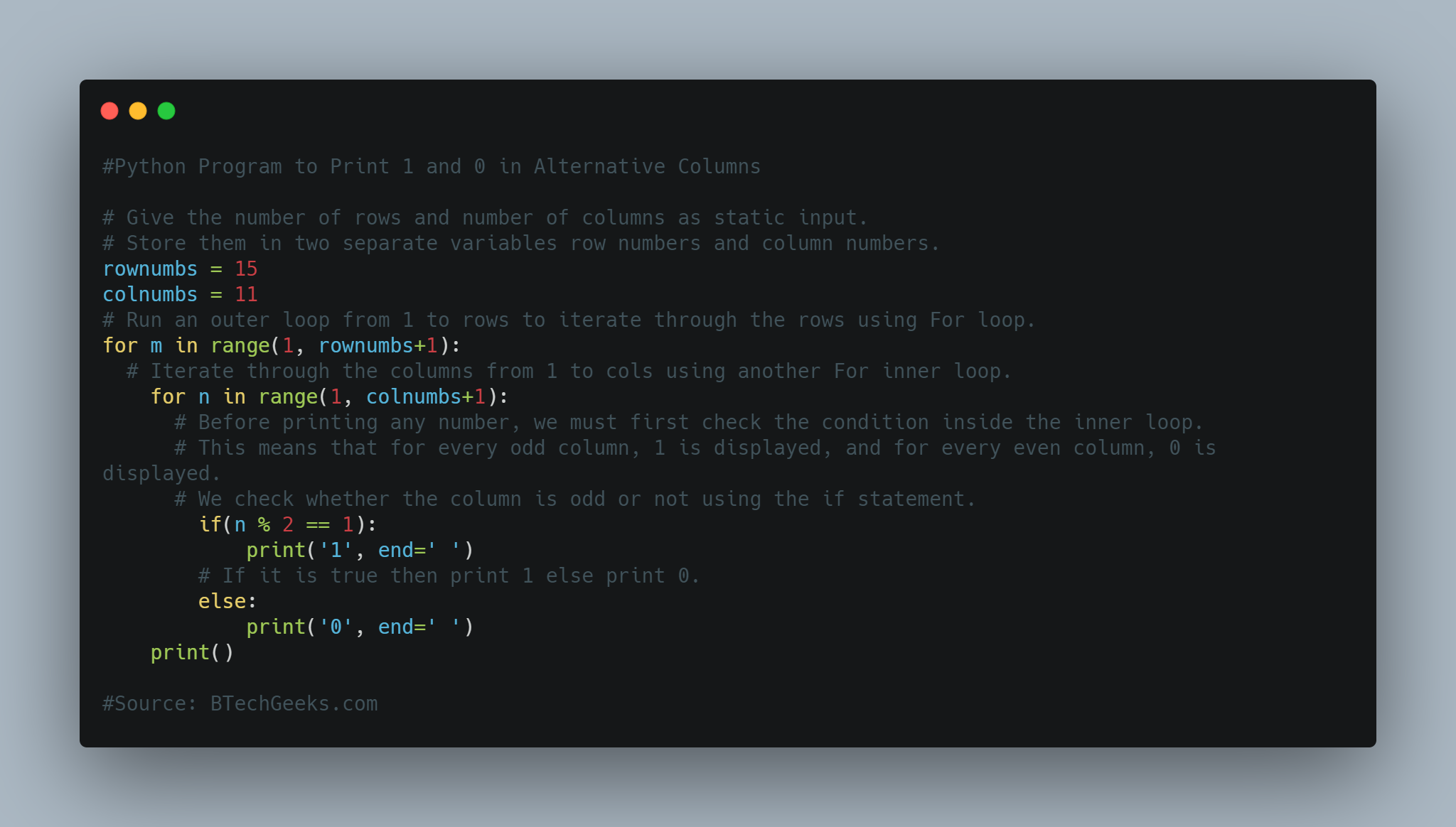 Python Program to Print 1 and 0 in Alternative Columns