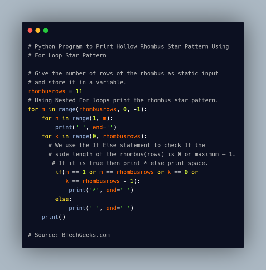 Python Program to Print Hollow Rhombus Using For Loop Star Pattern