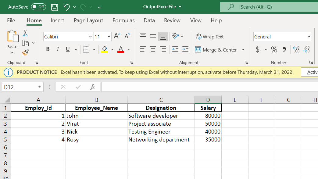 Output Excel File after Splitting the Given List